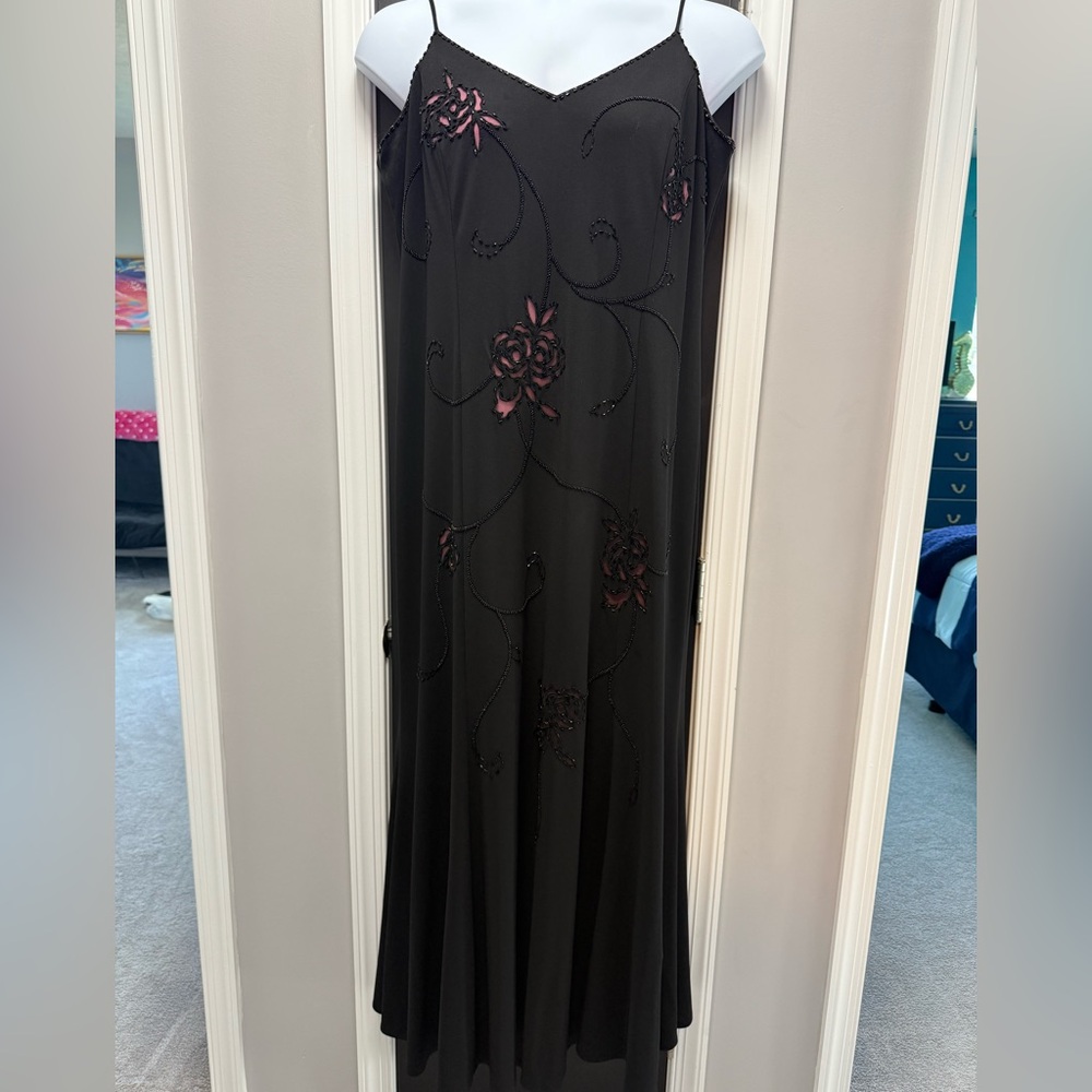Betsy & Adam Elegant Black Floral Dress with pink floral beaded designs